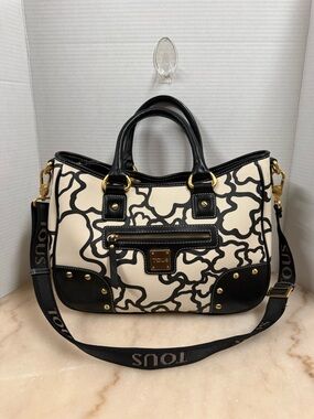 TOUS Black & Cream Floral-Outline Satchel with Logo Strap